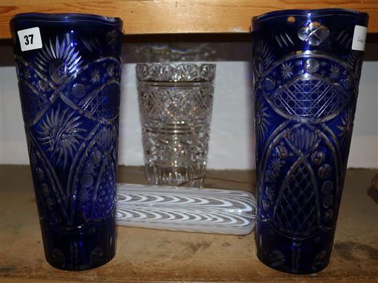 Pr blue overlay glass vases, rolling pin & vase